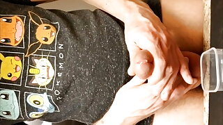 Accumulating spunk in a plastic container for a friend.