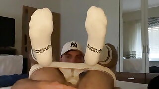 Horny Twink Plays with His Vag and Cums in White Socks