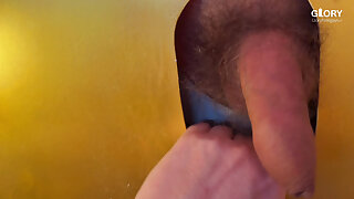 Huge gloryhole tongue makes him double orgasm