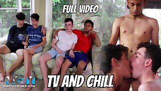 NastyTwinks - TV and Chill - 2 couples watch tv, when they embark fooling around.  Hot uncut Latinos and trading bottoms